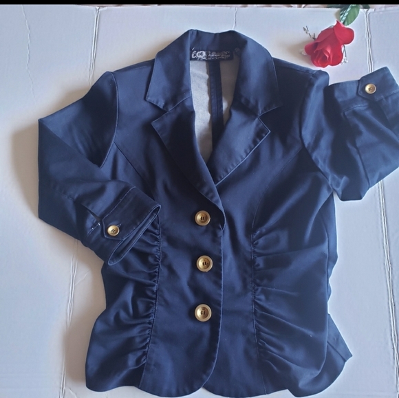 Navy Blue and Gold I.Q. Authentic Brand Button Blazer size Small - Picture 7 of 16